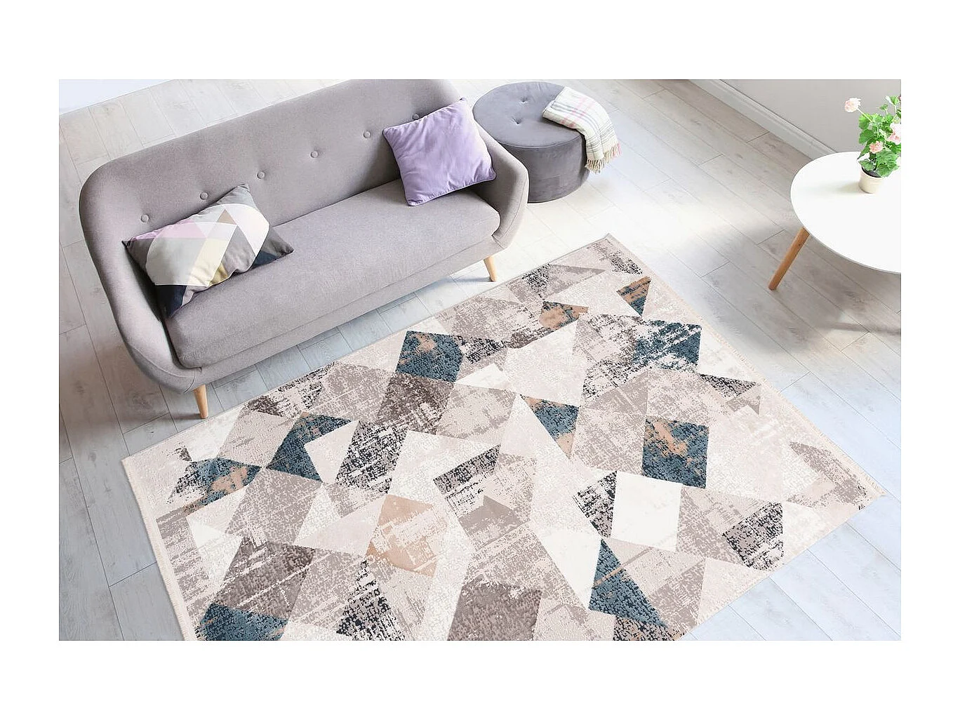 Tapis Géométrique à Franges "Akropolis II" Gris & Bleu 80 x 150 cm