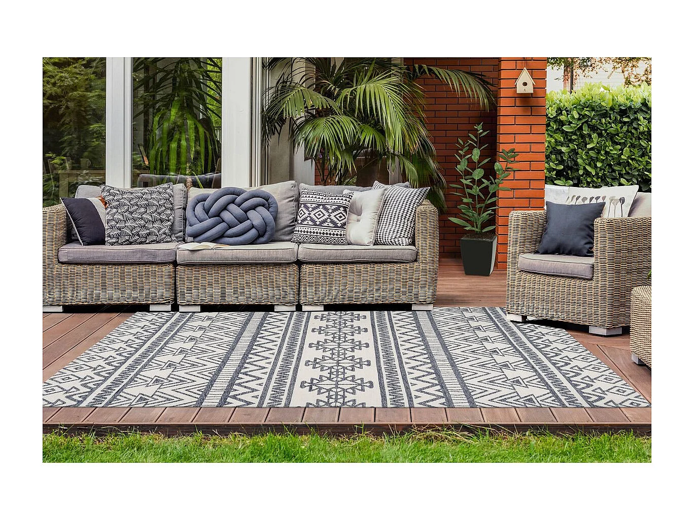 Tapis d'Extérieur Ethnique "Yoga" Anthracite & Ivoire 80 x 150 cm