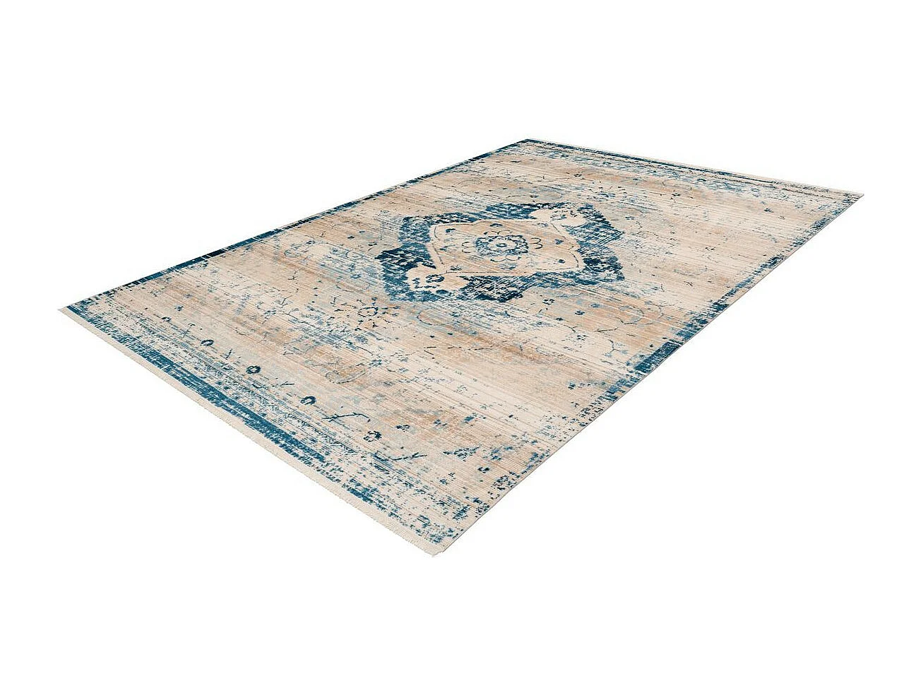 Tapis Vintage à Franges "Baroque V" Crème & Bleu 80 x 150 cm