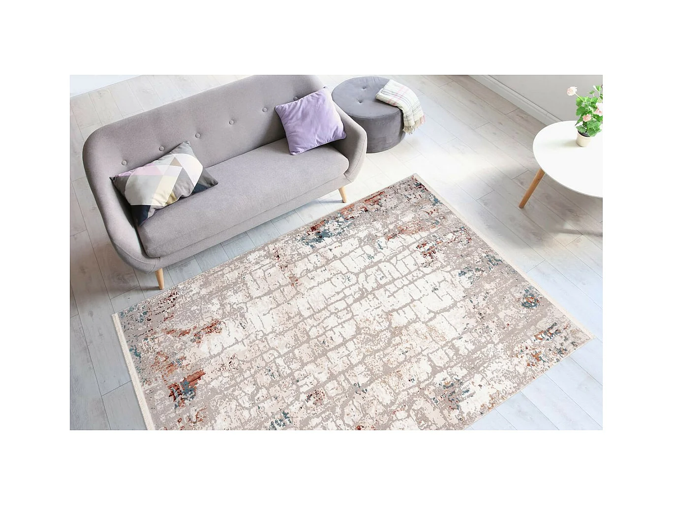 Tapis Vintage à Franges "Akropolis I" Gris & Rose 120 x 180 cm