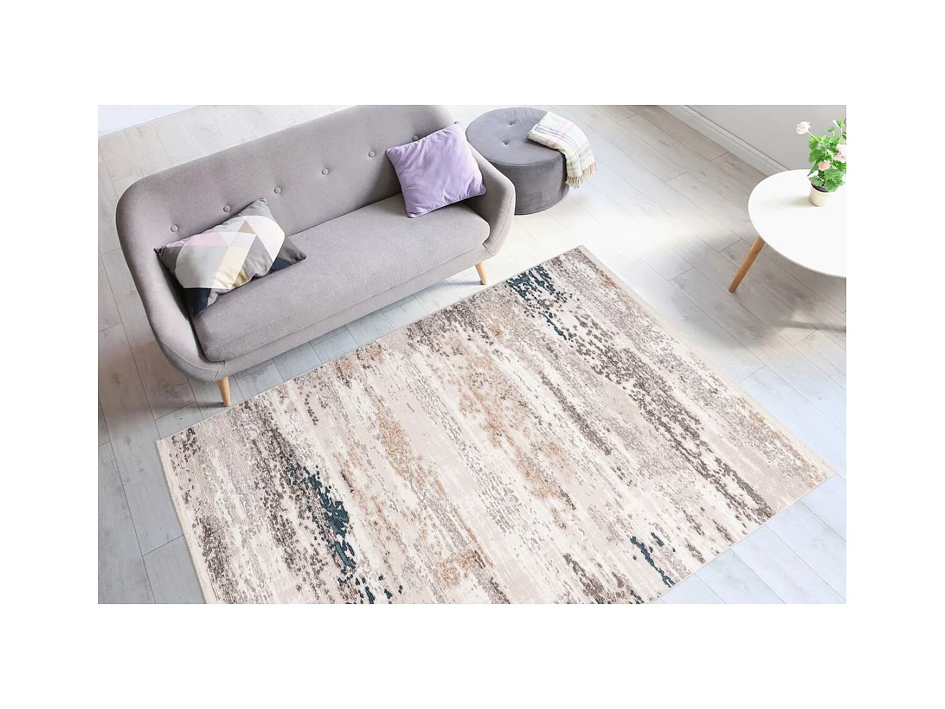 Tapis Vintage à Franges "Akropolis III" Gris & Bleu 80 x 150 cm