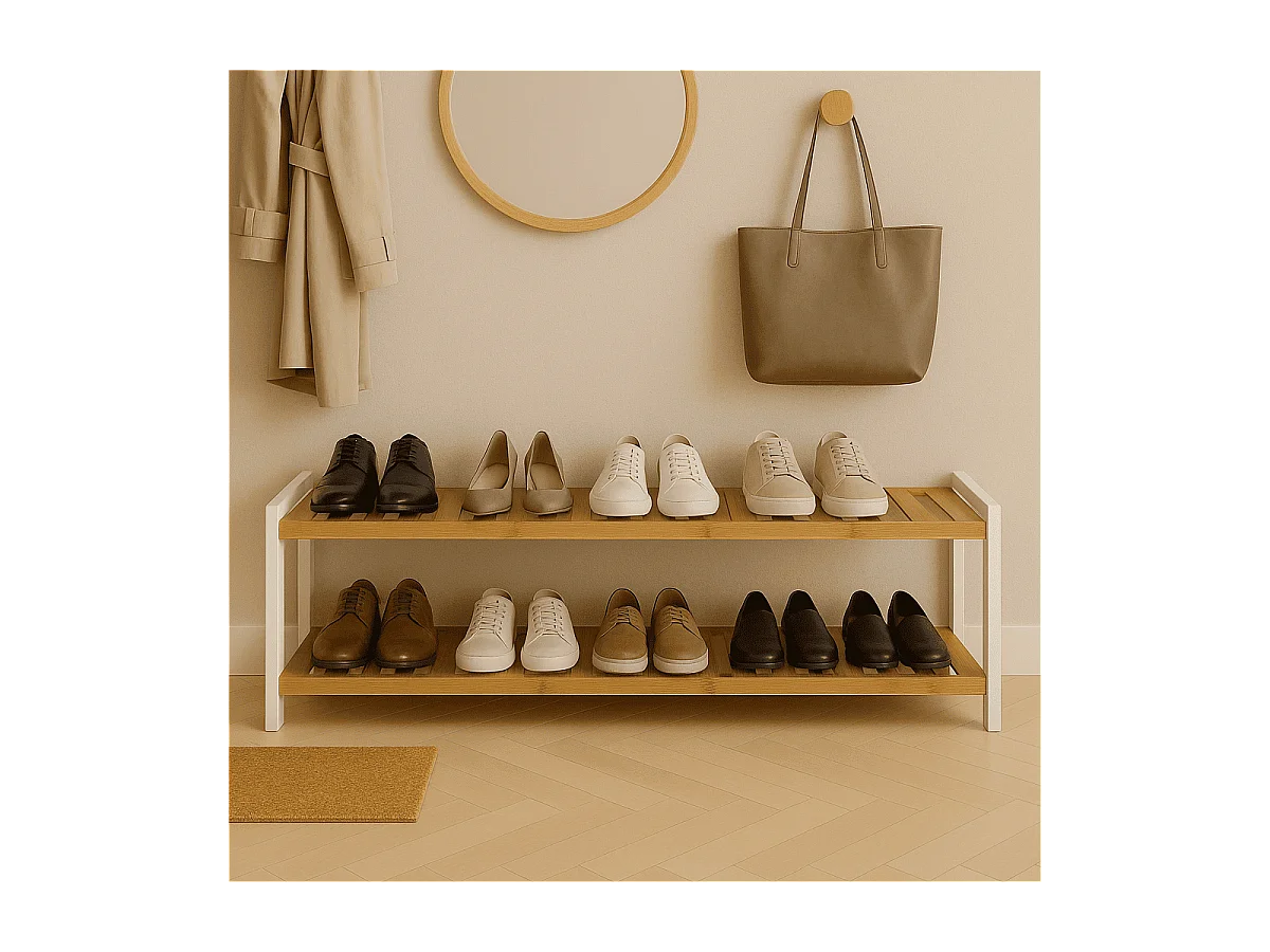 Schuhregal aus Bambus und weißer Dekoration - H34 cm