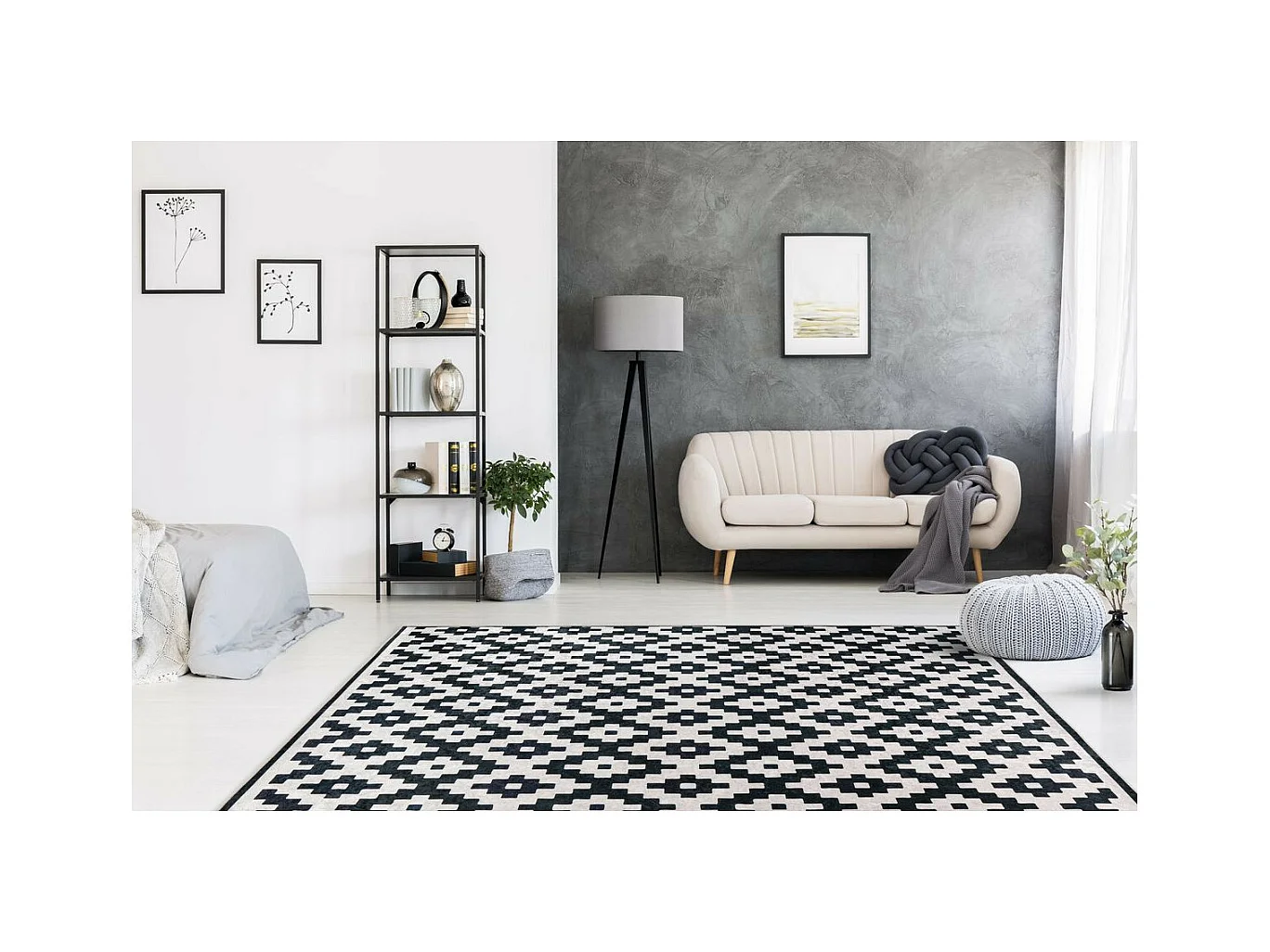 Tapis Géométrique à Poils Courts "Sally" Noir & Blanc 80 x 150 cm