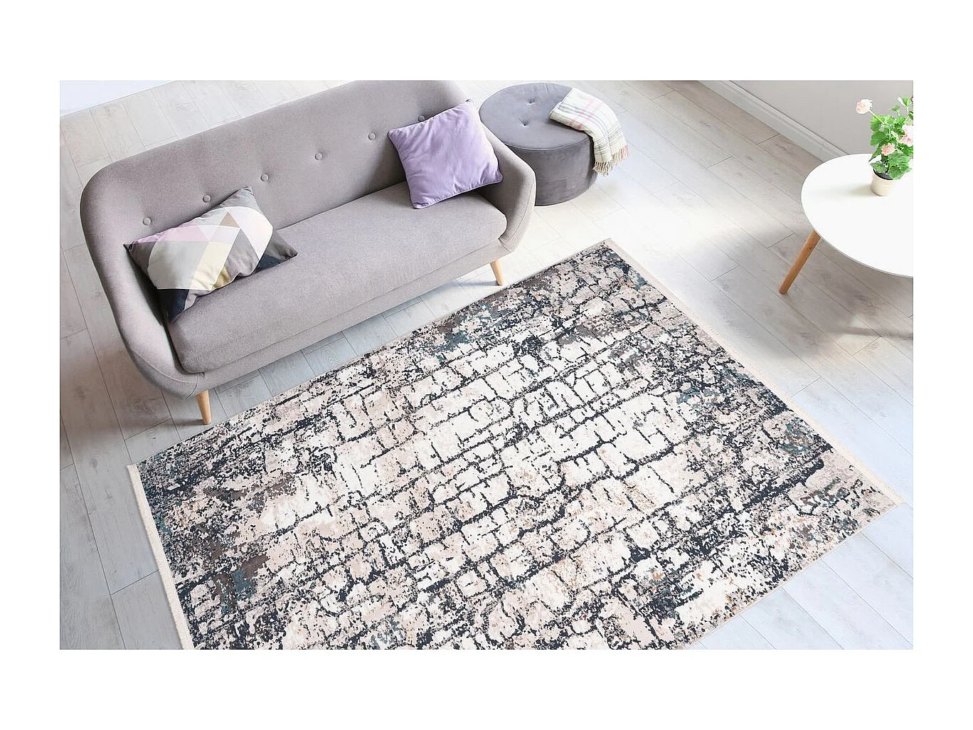 Tapis Vintage à Franges "Akropolis I" Gris & Bleu 80 x 150 cm