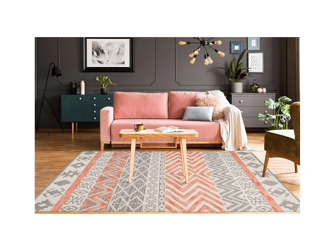 Tapis Effet 3D à Poils Courts "Ethnie" Gris & Orange 120 x 170 cm