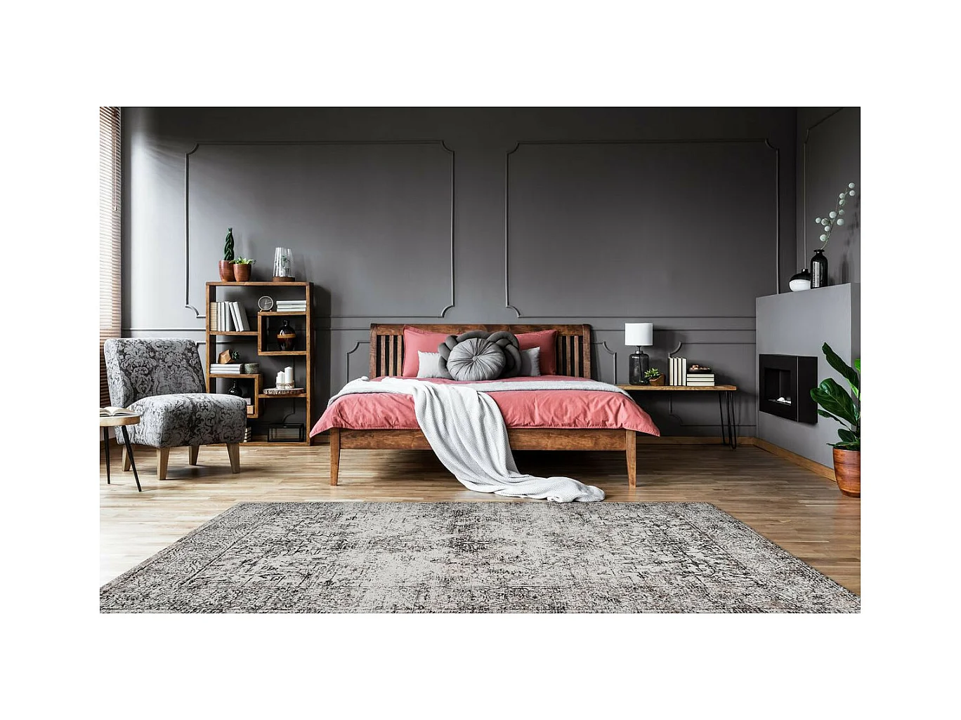 Tapis Vintage à Poils Courts "Iglesia" Anthracite 160 x 230 cm