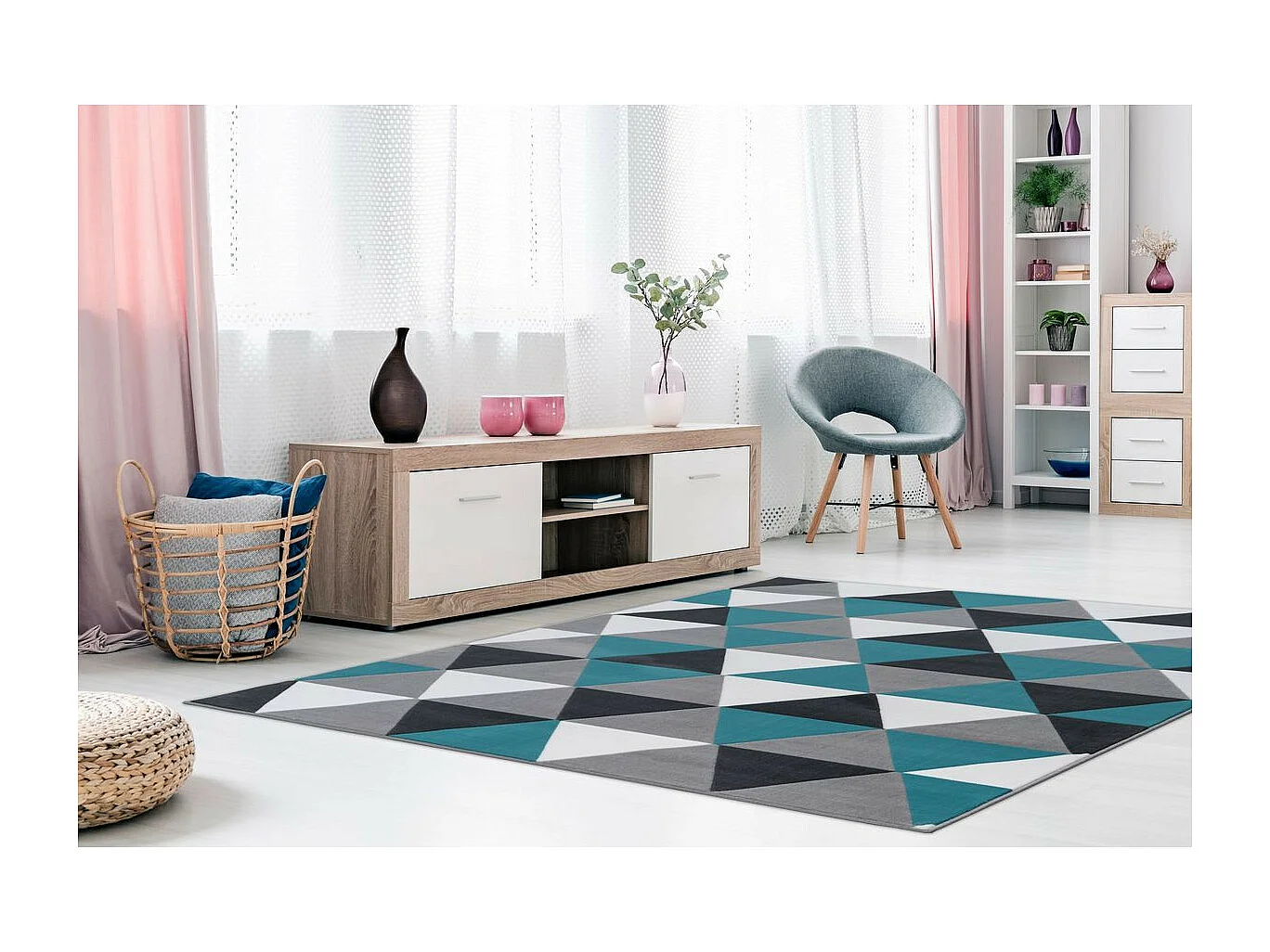 Tapis Géométrique à Poils Courts "Now II" Turquoise 80 x 150 cm