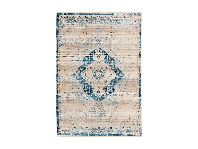 Tapis Vintage à Franges "Baroque V" Crème & Bleu 120 x 170 cm