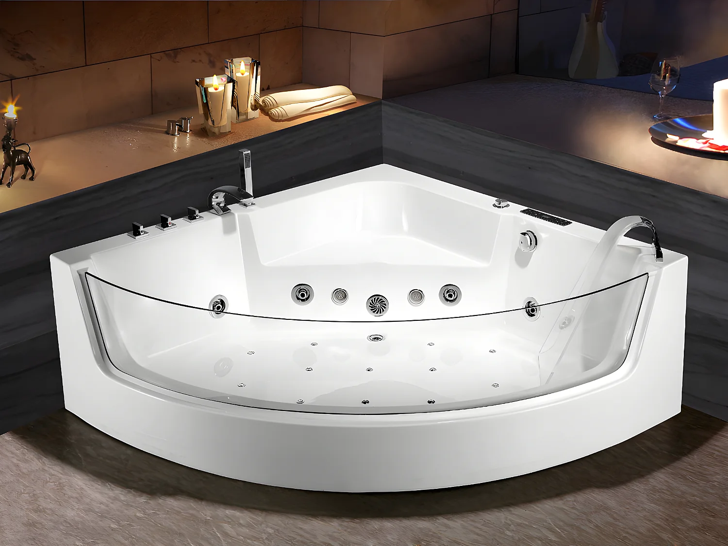 Baignoire balnéo d'angle vitrée ETHRA - 1 place - 255 L - 150*150*57cm - Blanche