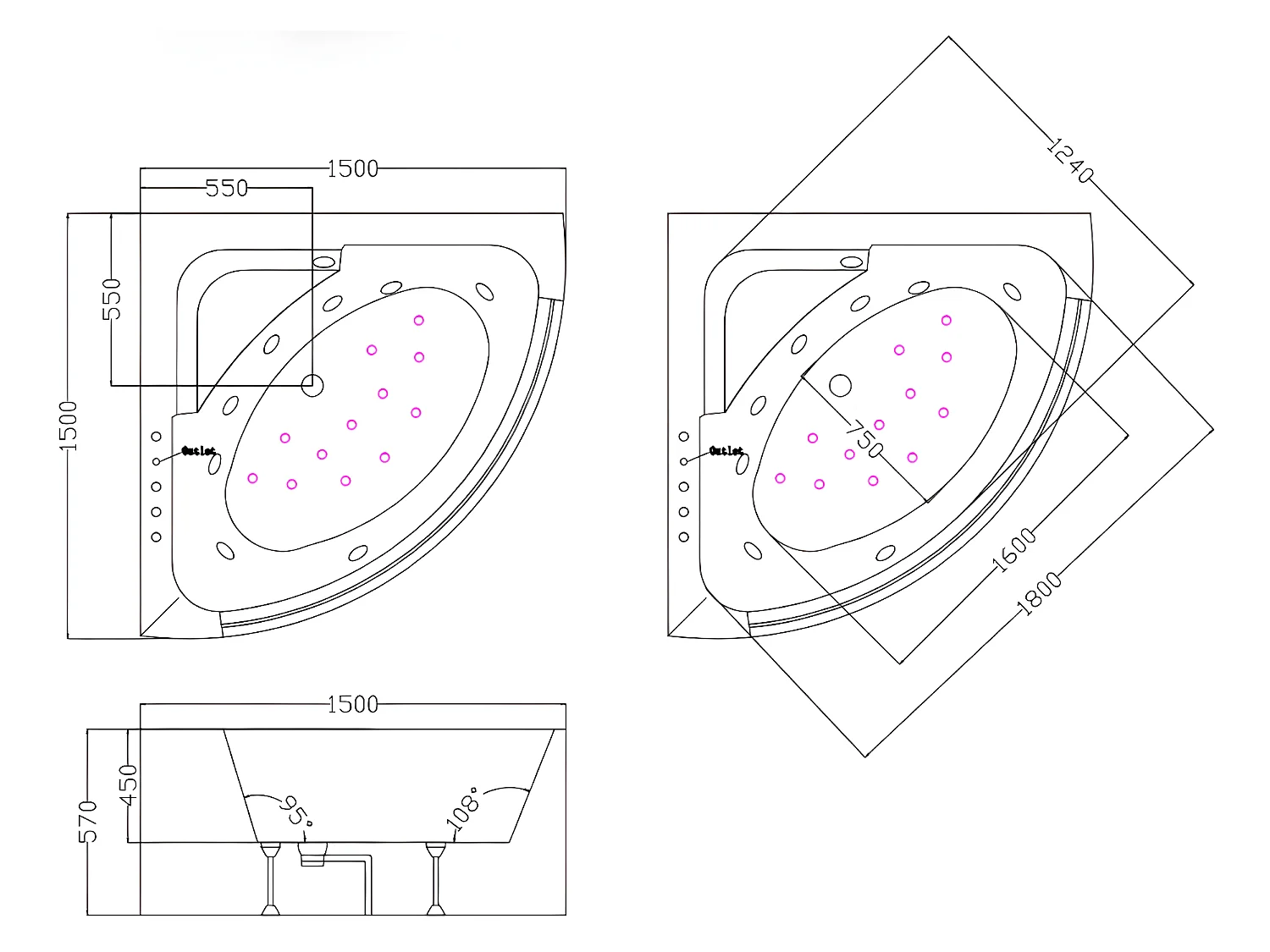 Baignoire balnéo d'angle vitrée ETHRA - 1 place - 255 L - 150*150*57cm - Blanche
