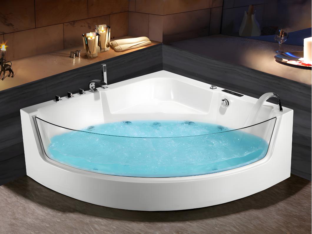 Baignoire balnéo d'angle vitrée ETHRA - 1 place - 255 L - 150*150*57cm - Blanche