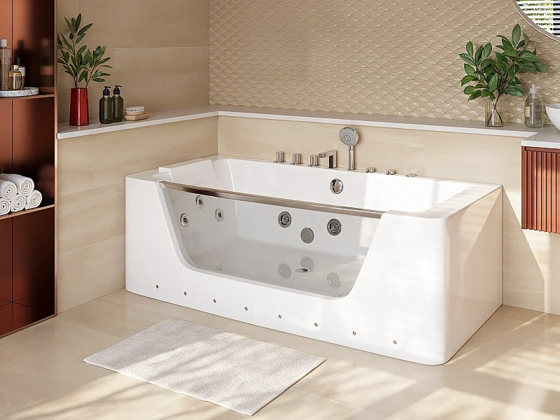 Baignoire balnéo vitrée semi-îlot à leds DYONA - 1 place - 260L - 170*85*58cm - Blanche