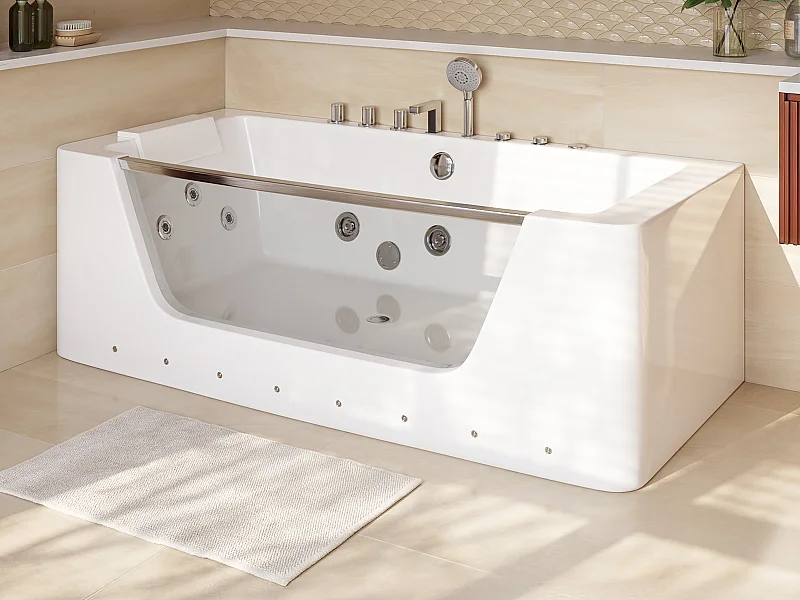 Baignoire balnéo vitrée semi-îlot à leds DYONA - 1 place - 260L - 170*85*58cm - Blanche