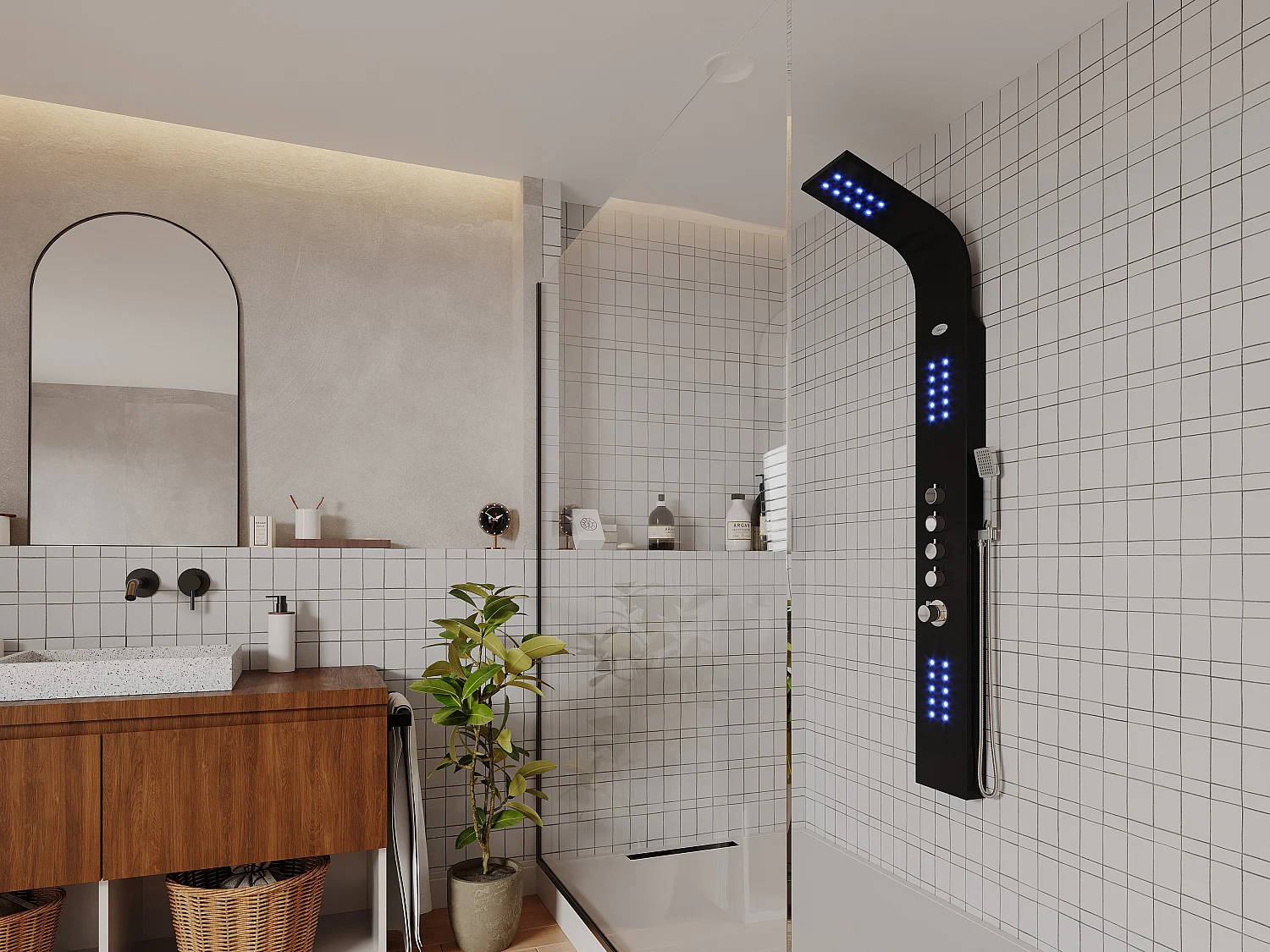 Colonne de douche hydromassante thermostatique à leds - 20*165cm - Noir - FELICITA