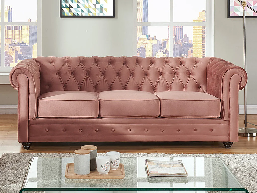Canapé 3 places CHESTERFIELD - Velours rose pastel