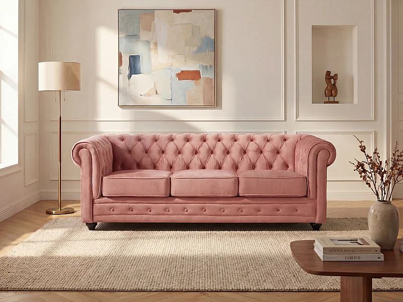 Driezitsbank CHESTERFIELD - velours - pastelroze