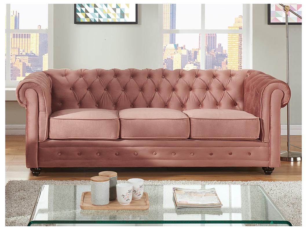 Driezitsbank CHESTERFIELD - velours - pastelroze