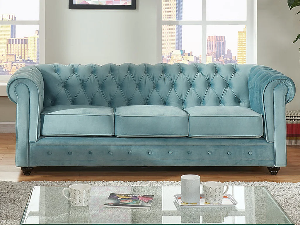 Canapé 3 places CHESTERFIELD - Velours bleu pastel