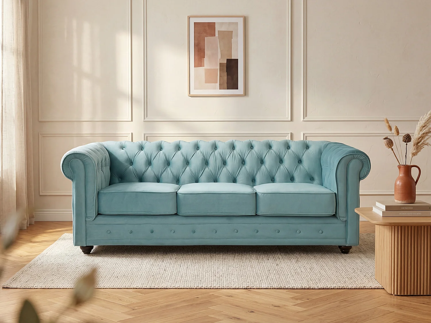 Canapé 3 places CHESTERFIELD - Velours bleu pastel