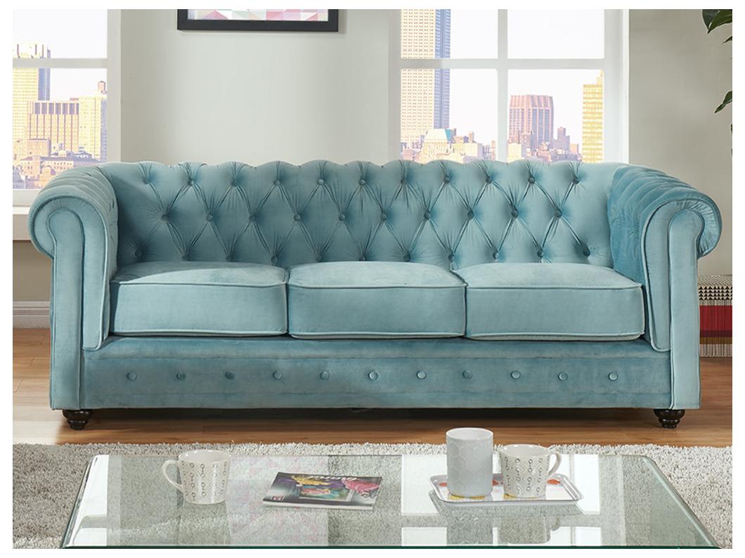 Driezitsbank CHESTERFIELD - velours - pastelblauw