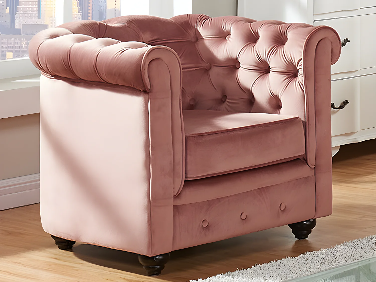 Fauteuil CHESTERFIELD - Velours rose pastel