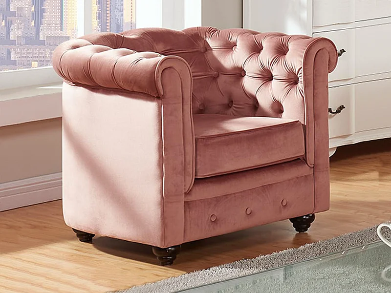 Fauteuil CHESTERFIELD - Velours rose pastel