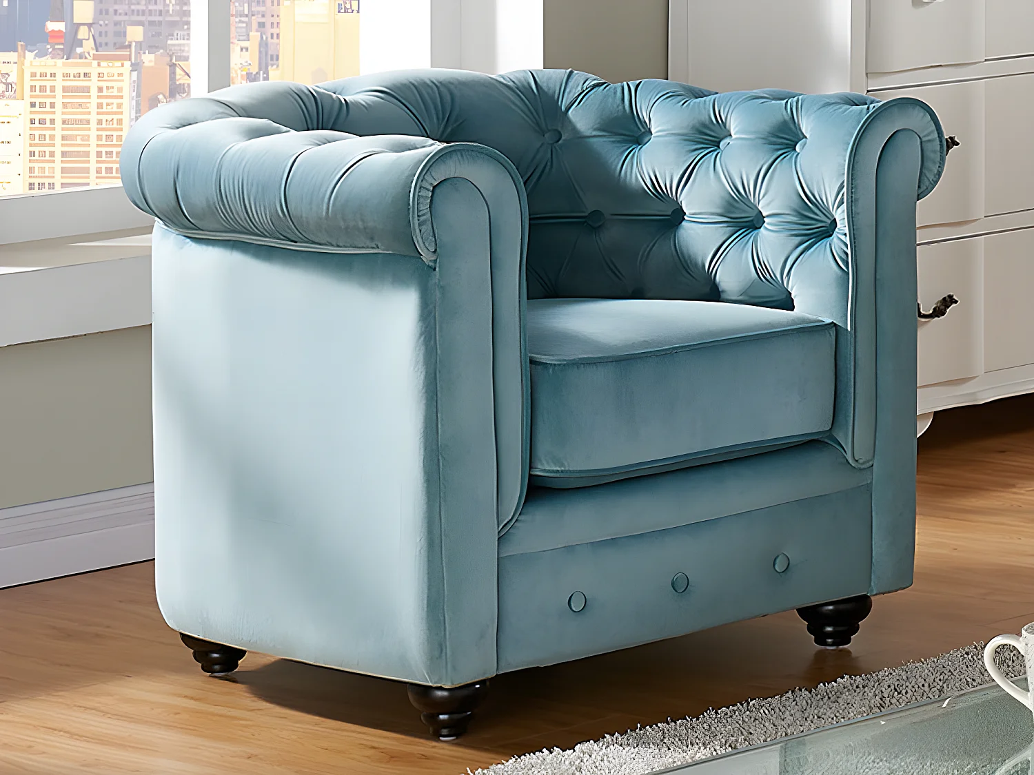 Fauteuil CHESTERFIELD - Velours bleu pastel