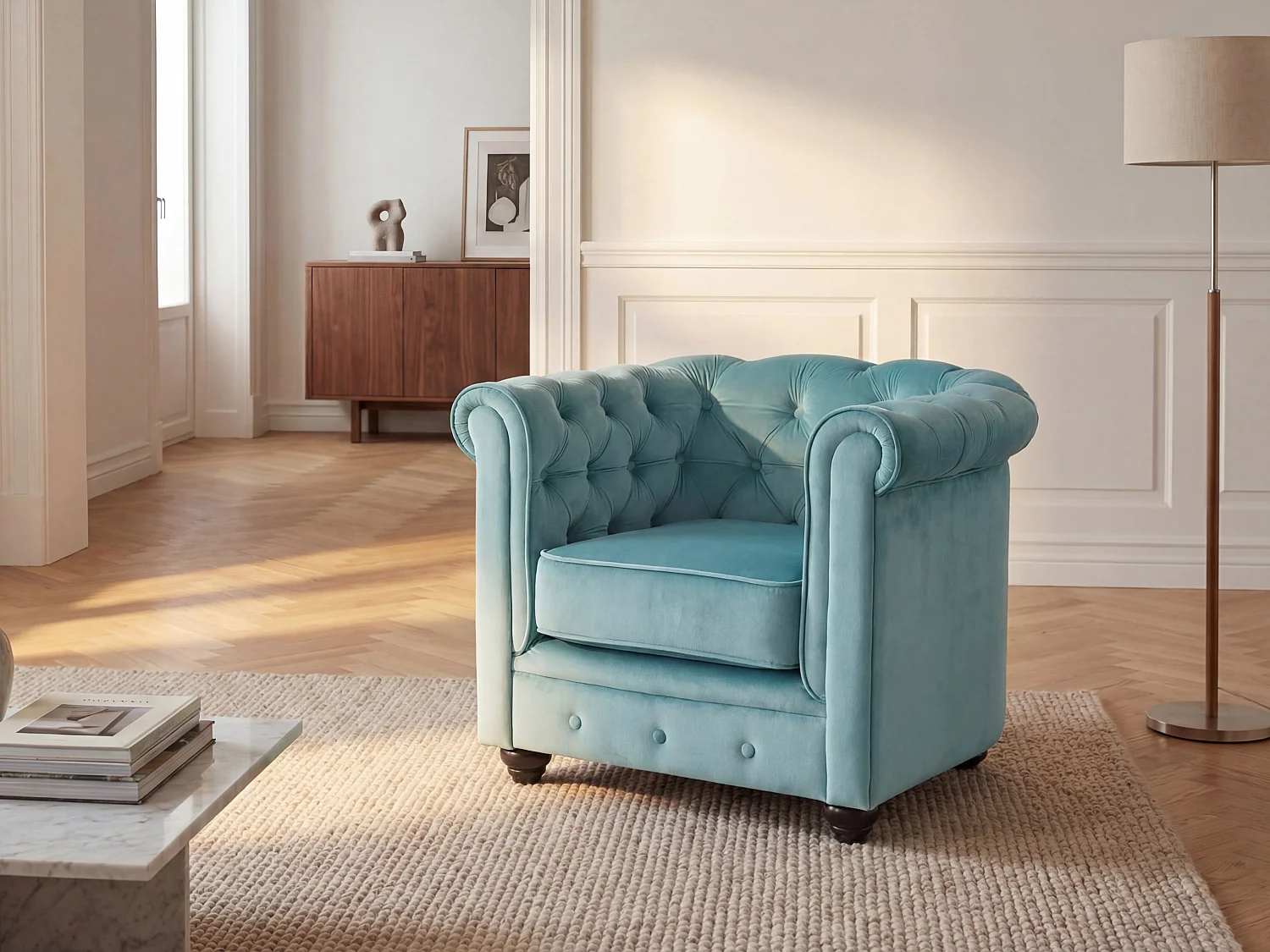 Fauteuil CHESTERFIELD - Velours bleu pastel