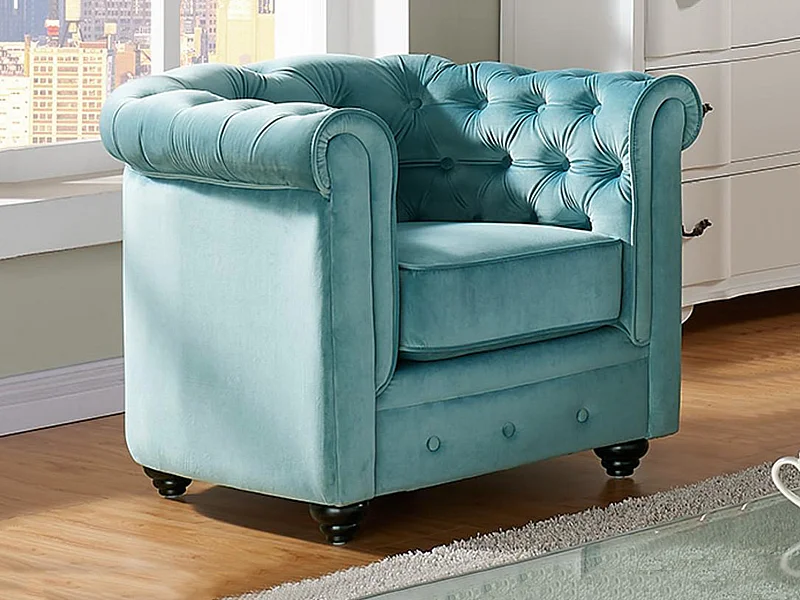 Fauteuil CHESTERFIELD - Velours bleu pastel
