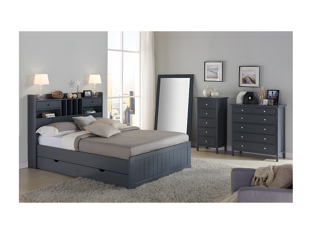 Cama con almacenaje madera de pino color gris MEDERICK