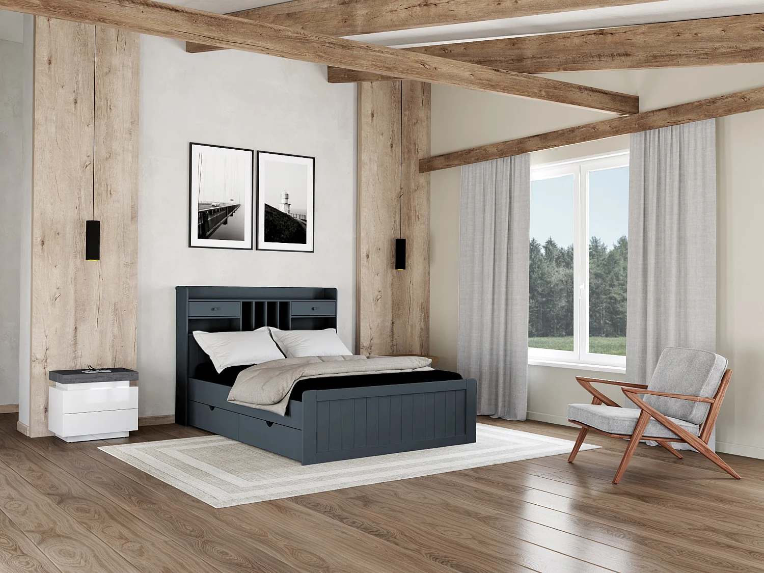 Lit avec rangements 140 x 190 cm - Pin - Gris anthracite - MEDERICK