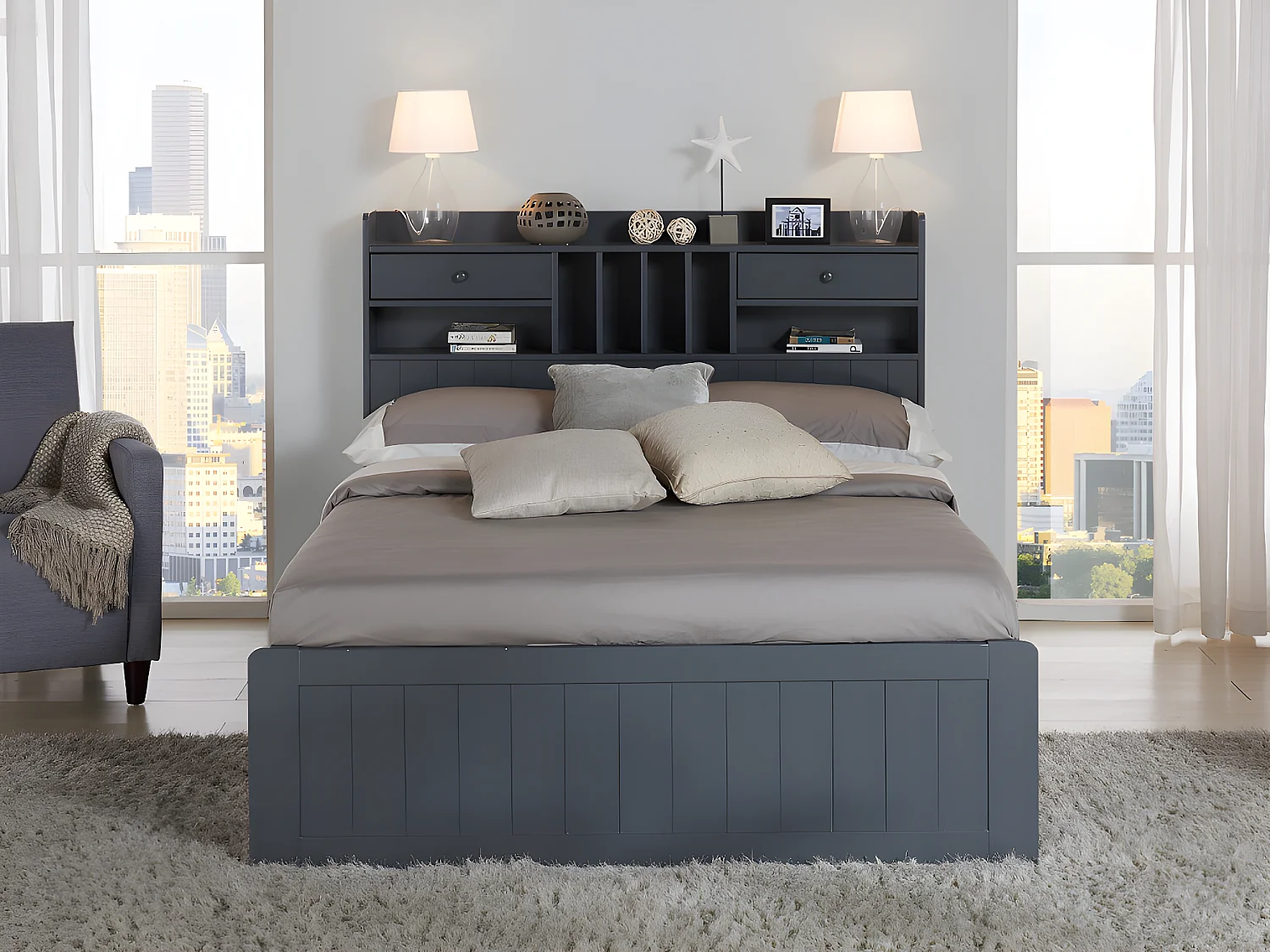 Säng med förvaring 140 x 190 cm - Furu - Antracitgrå - MEDERICK