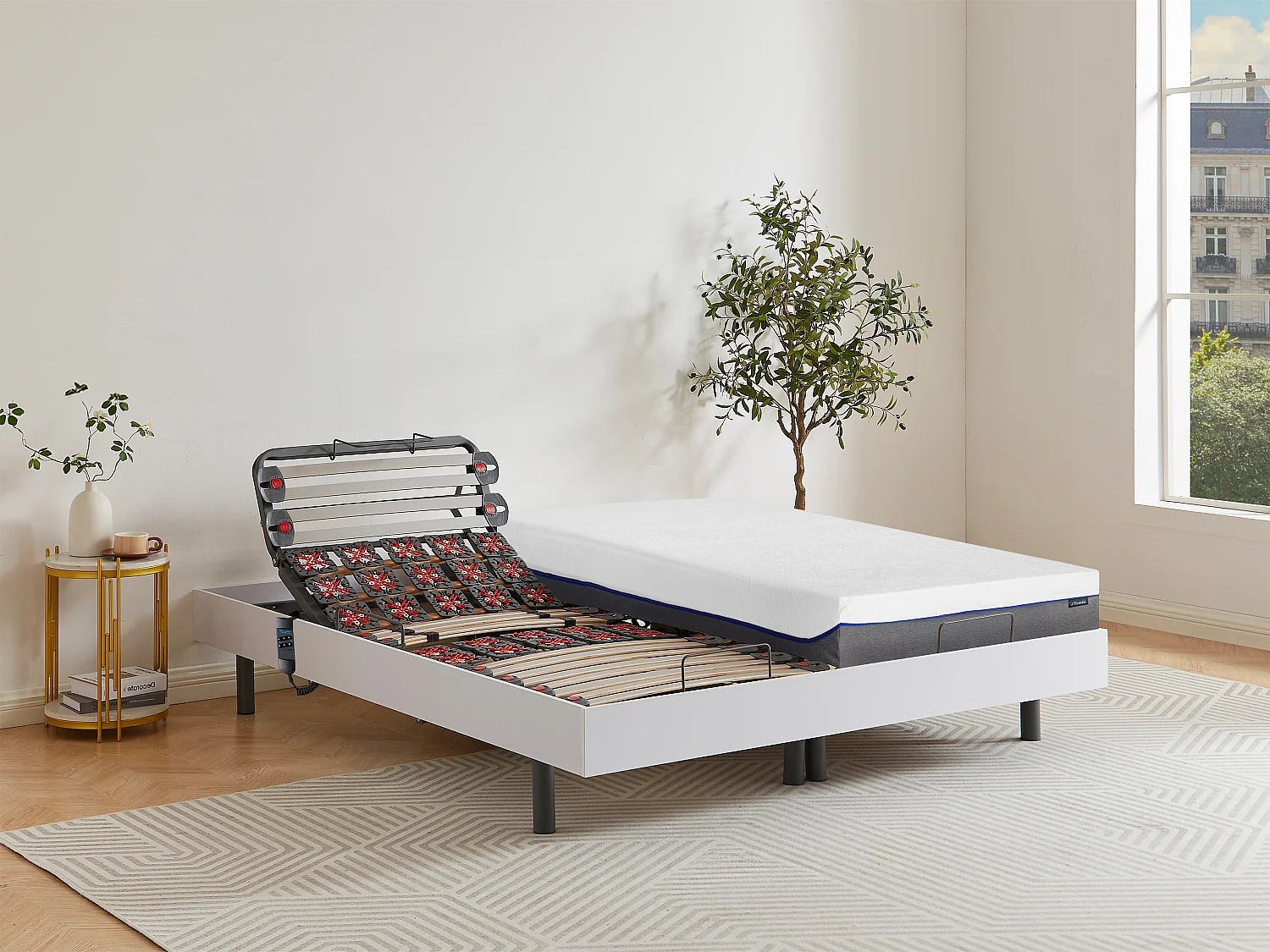 Lit électrique de relaxation lattes et plots + matelas mémoire de forme - 2 x 80 x 200 cm - Blanc - DIONYSOS de YSMÉE