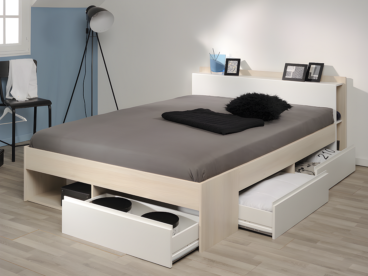 Cama con espacios 140x190/200 cm blanco y acacia DEBAR