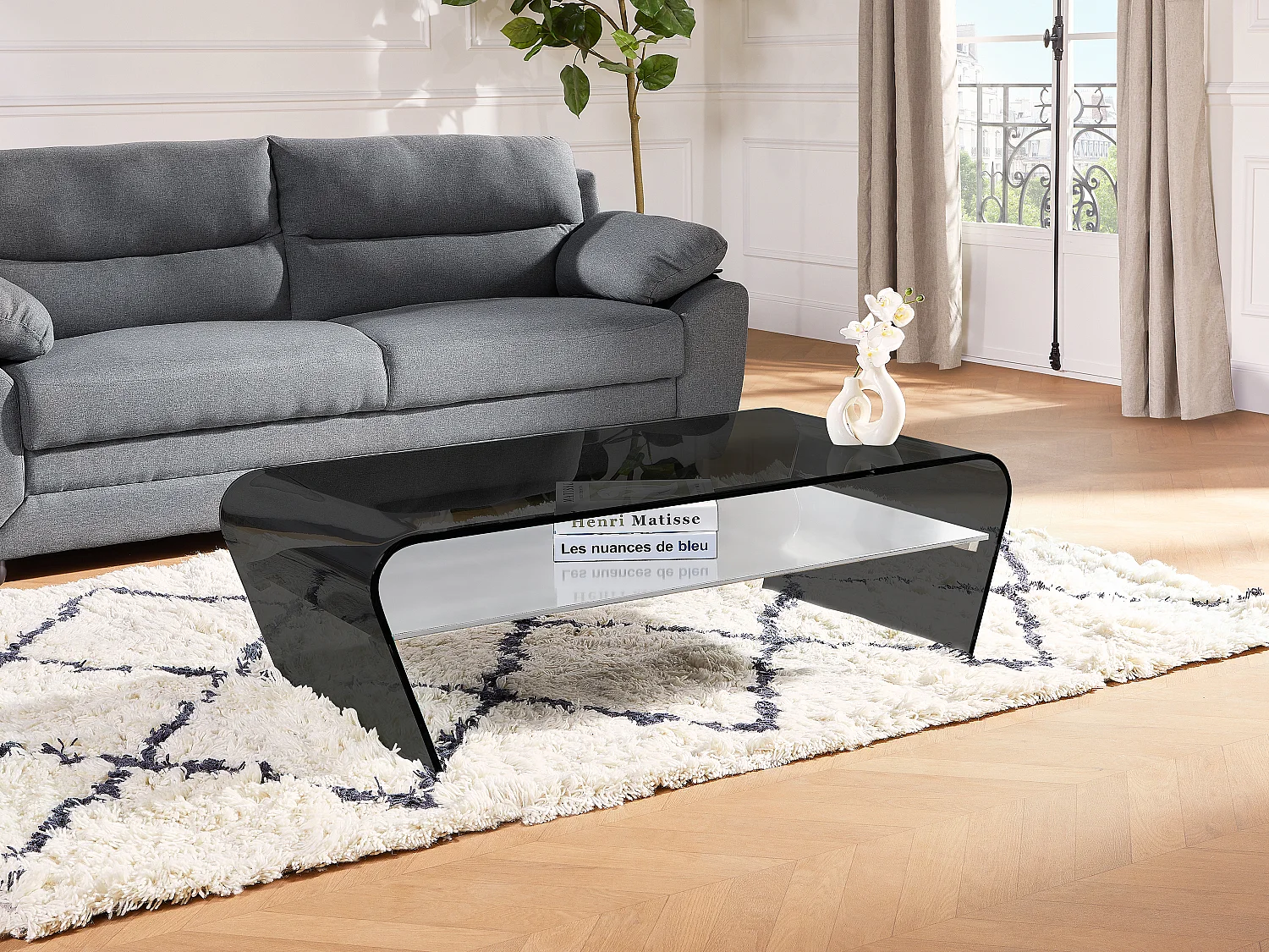 Couchtisch mit Ablage - Glas Design - Schwarz-Weiß - KELLY
