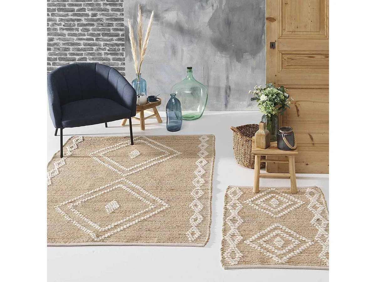 Tapis Déco en Jute & Laine "Floty" 120x170cm Beige