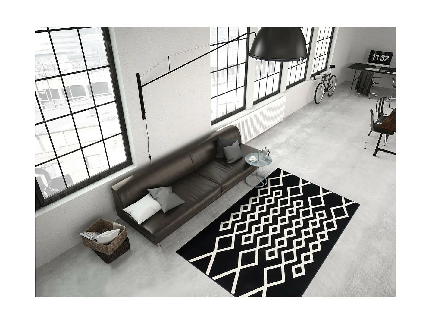 Tapis Géométrique à Poils Courts "Lina" Noir & Ivoire 80 x 150 cm