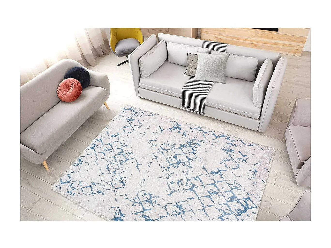 Tapis Tissé Imprimé Vintage "Peron IV" Blanc & Bleu 80 x 150 cm