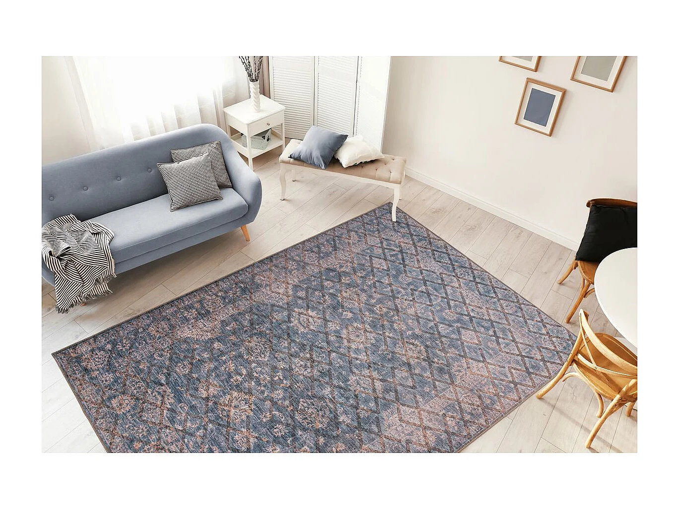 Tapis Tissé à Poils Courts "Antique" Bleu & Or 80 x 150 cm