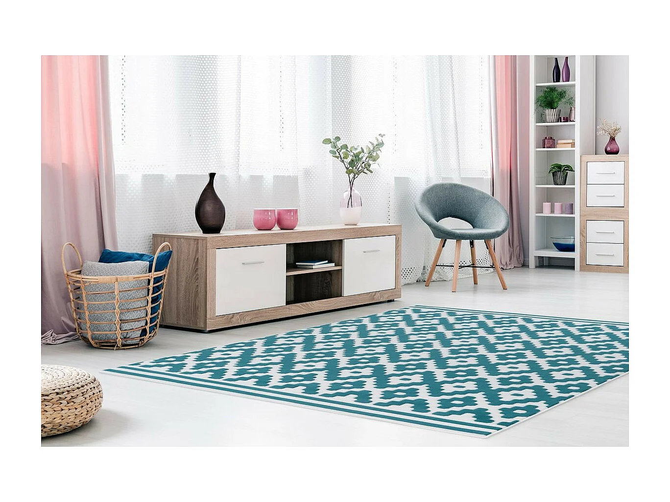 Tapis Géométrique à Poils Courts "Now III" Turquoise 80 x 150 cm