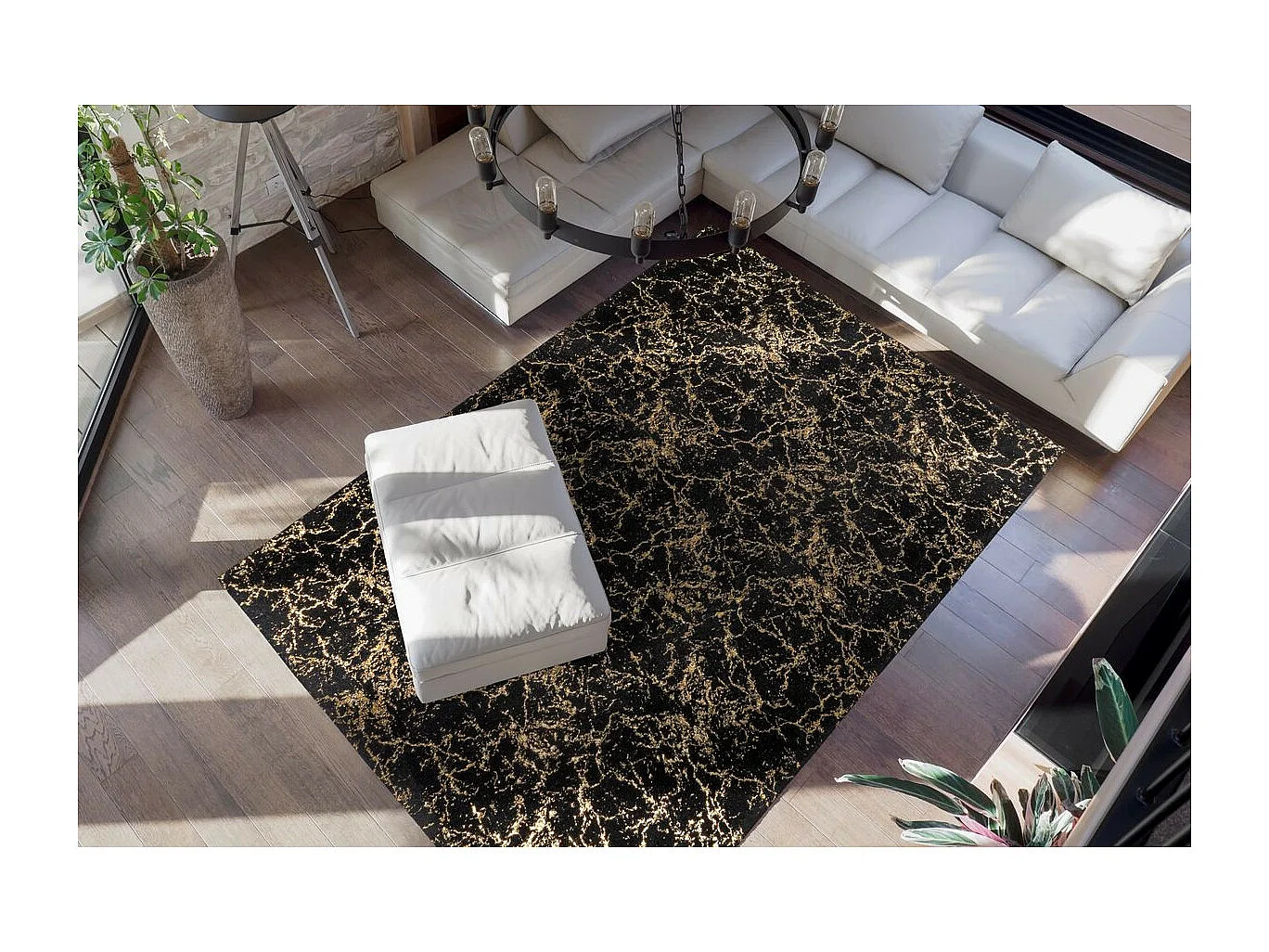 Tapis Marbré à Poils Longs "Bijou" Noir & Or 80 x 150 cm