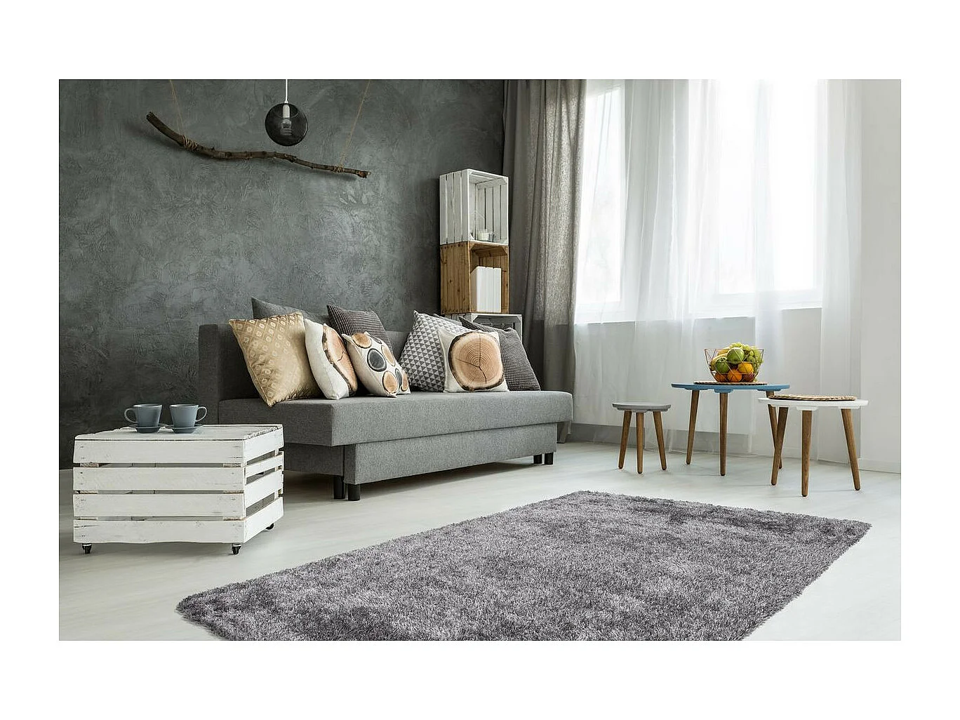 Tapis Shaggy Fait Main "Diamond" Gris Blanc 240 x 330 cm