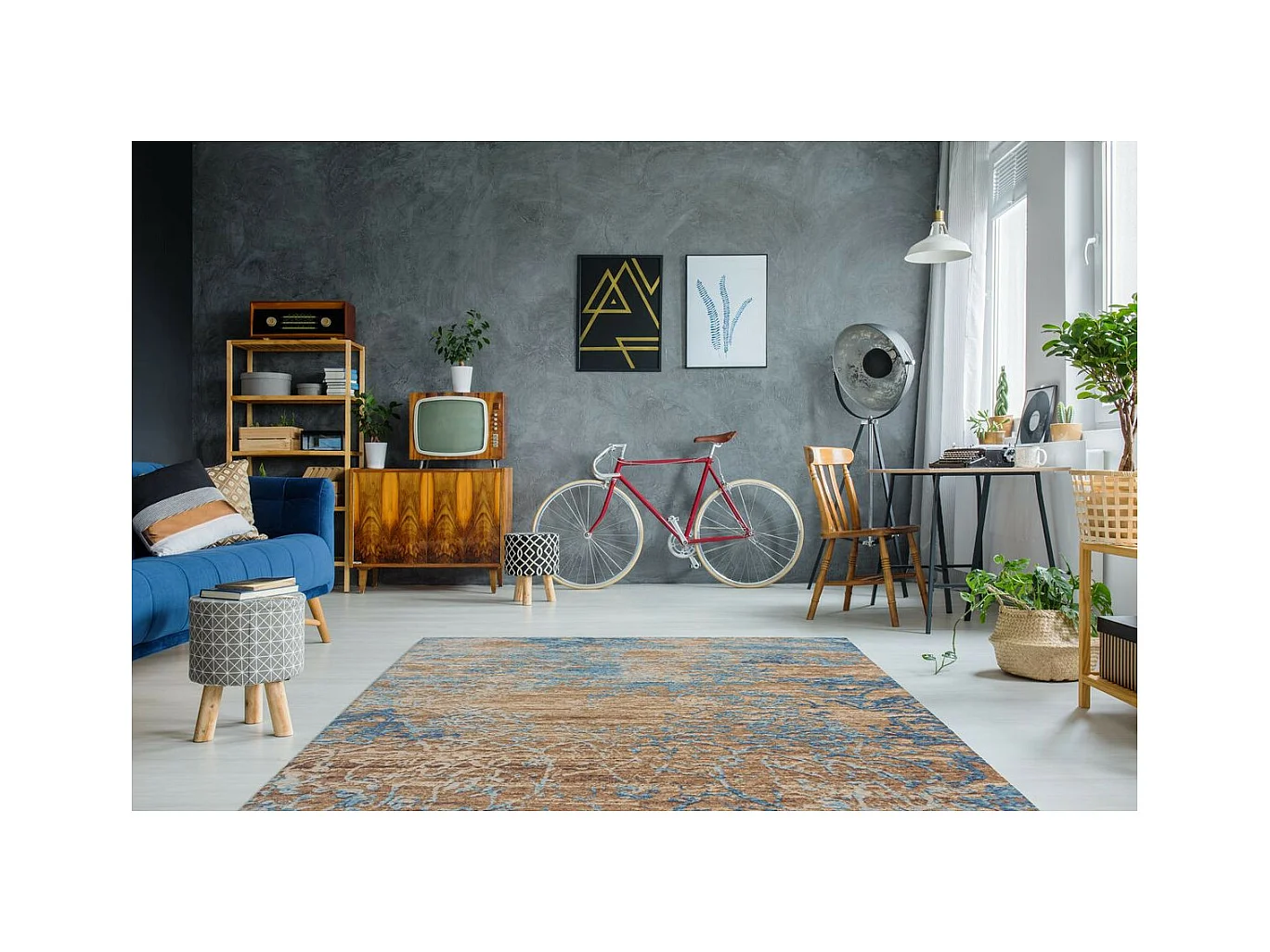 Tapis Jacquard à Poils Courts "Blaze" Bleu & Beige 155 x 230 cm