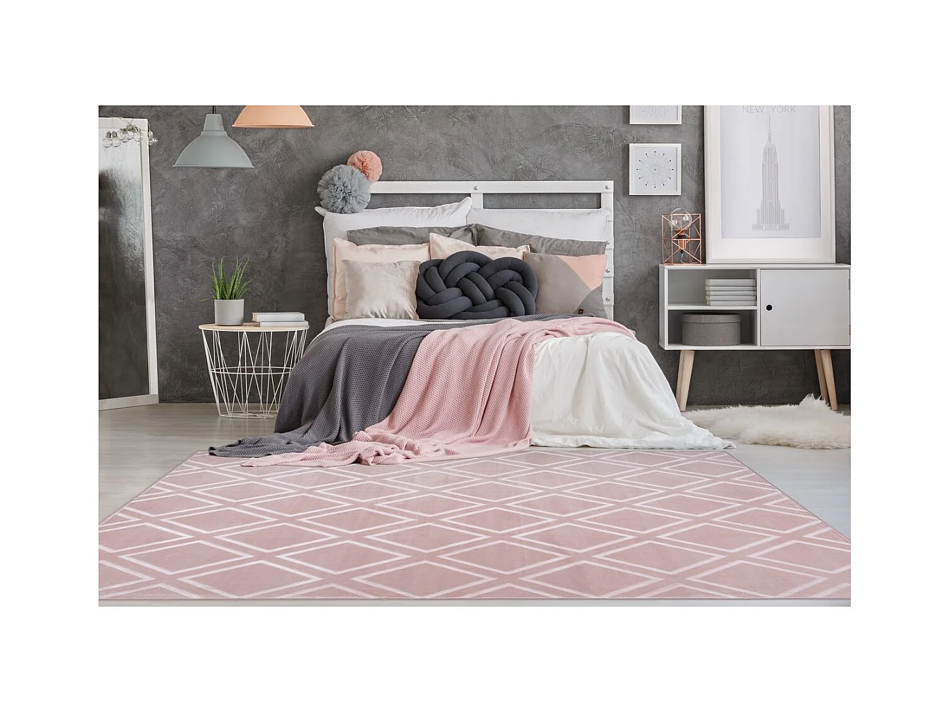 Tapis Imprimé Losange Fait Main "Monroe III" Rose 80 x 300 cm