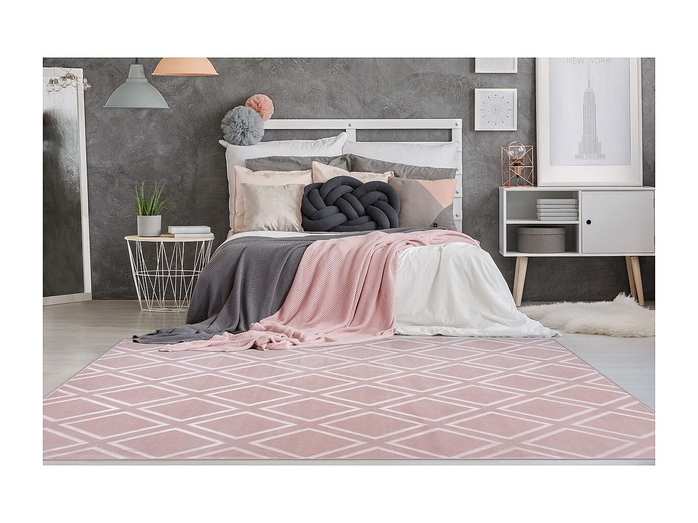 Tapis Imprimé Losange Fait Main "Monroe III" Rose 80 x 300 cm