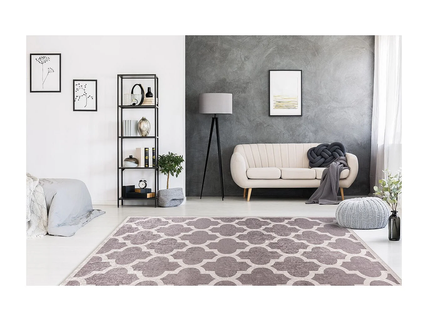 Tapis Imprimé à Poils Courts "Sally" Taupe & Crème 80 x 150 cm