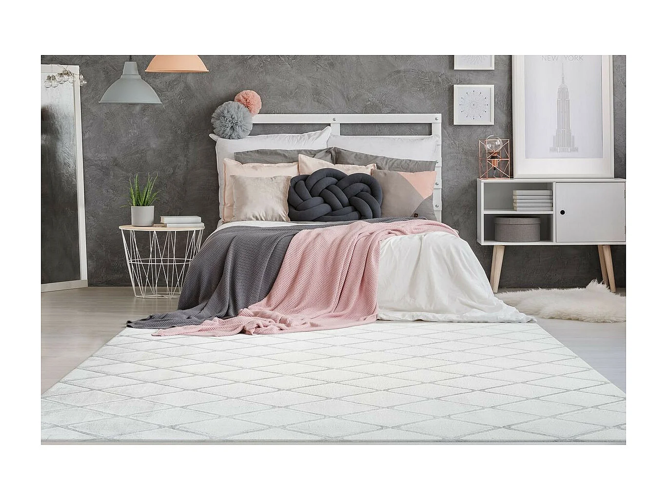 Tapis Shaggy Géométrique "Vivica" Blanc & Bleu Gris 80 x 150 cm