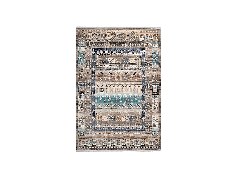 Tapis Ethnique à Poils Courts "Anouk" Marron & Bleu 80 x 150 cm