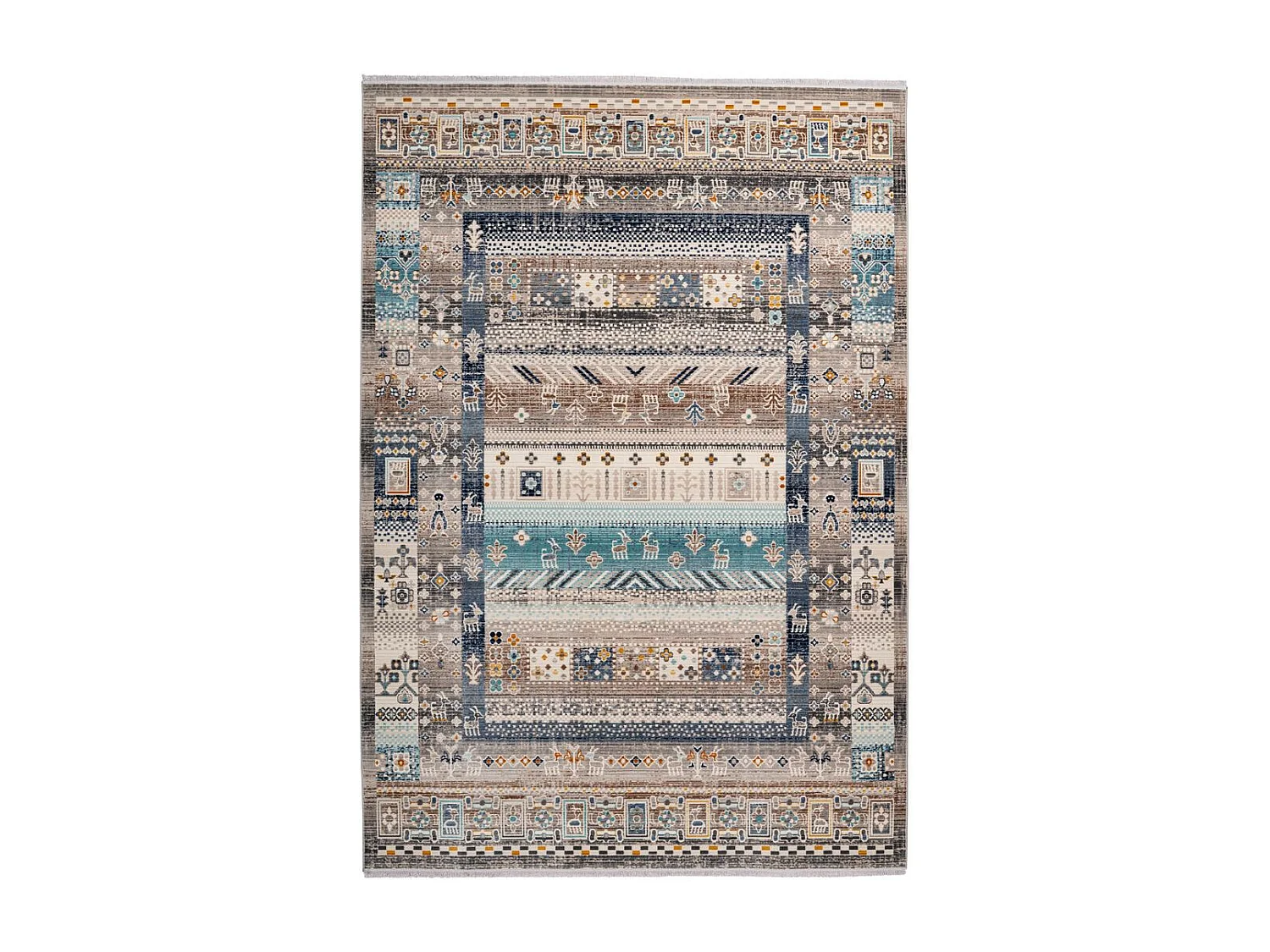 Tapis Ethnique à Poils Courts &quot;Anouk&quot; Marron &amp; Bleu 80 x 150 cm