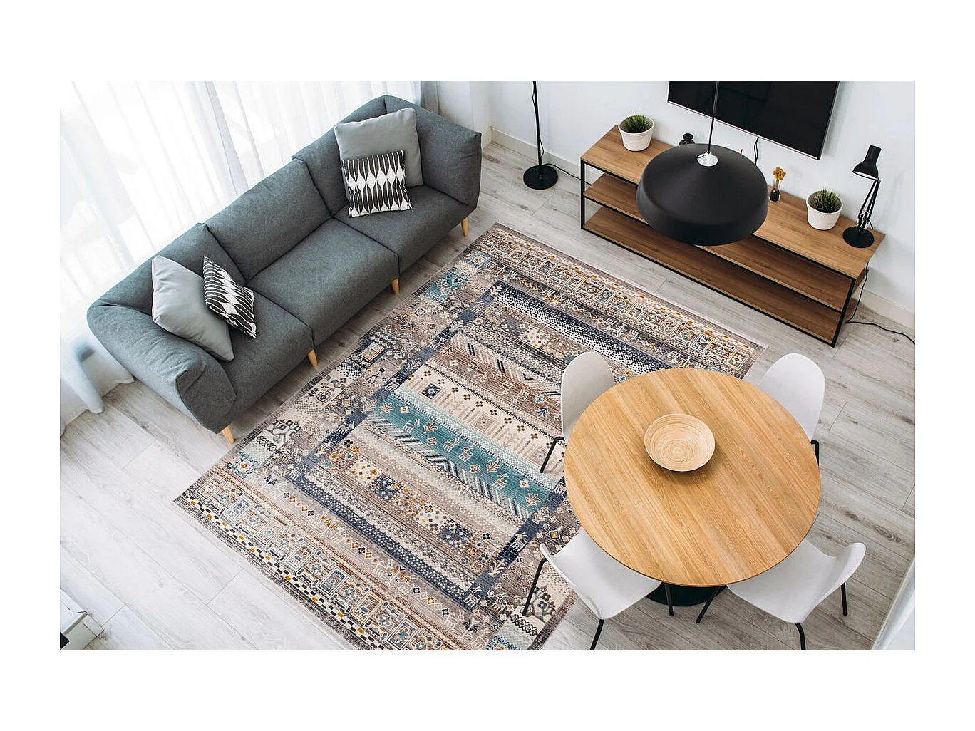 Tapis Ethnique à Poils Courts &quot;Anouk&quot; Marron &amp; Bleu 80 x 150 cm